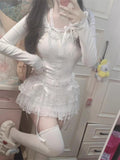 Sweet Kawaii Skirts Women Lolita Coquette Lace Bow Patchwork Mini Skirt White High Waist Cute Summer A-line Short Skirt