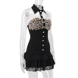 Lunivop  Elegant Party Dress Woman Evening Off Shoulder Dresses Sleeveless Dress Backless Mini Dress Leopard Print Black Halter Neck