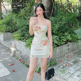 Puloru Chic Flower Print Spaghetti Straps Mini Dress for Party Beach Holiday Women Casual Sleeveless Ruched Wrapped Short Dress