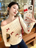 Sweet Bow Knitted Pullover Women Off Shoulder Sexy Long Sleeve Sweaters Korean Style Kawaii Autumn Winter Pullovers