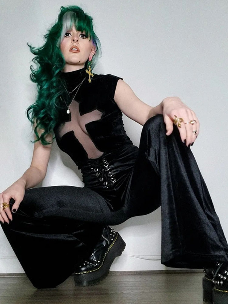Gothic Women T-shirts Grunge Aesthetic Punk Sexy Emo Black Top Streetwear Fashion Alternative Clothes