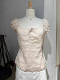 Women Sweet Pink Linen Lace-up Slim T Shirt Summer Buttons O-neck Puff Sleeve Blouse Vintage Preppy Solid Cute Tees Y2k