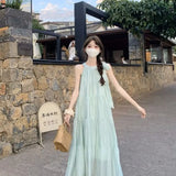 Pbong  Women's Light Green Sleeveless Halter Maxi Dress Ruffle Tiered Loose Chiffon Casual Summer Beach Party Long Dress
