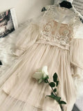 New Women Party Lace Flower Dress Gauze Lantern Sleeve Voile Long Dress Female Retro Hook Princess Dress 2 Piece Set