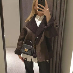 Winter Coat for Women Faux Fur Thick Lapel Coat Female Warm PU Jacket Ladies with Pockets Streetwear Jackets