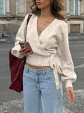 Pbong  New Autumn Winter Elegant Short Knitwear Women's Base Layer V-Neck Cross Strapless Street Style Fashion Pure Color