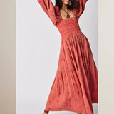 Pbong  Bohemian Floral Dress Women Square Neck Ruffle Swing A Line Maxi Dress Long Sleeve Beach Style Holiday Lady Club Party Dress
