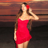 Ruffle Asymmetric Red Sexy Short Dress Fashion Y2K Slim V-neck Slip Dress 2025 New Sequins Shine Beach Vacation Dresses Vestidos