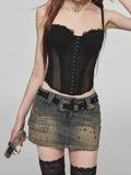 HOUZHOU Vintage Denim Mini Skirt Women Trashy Y2k 2000s Low Waist Sexy Star Rivet Distressed Slim Pencil Skirt Gyaru Streetwear