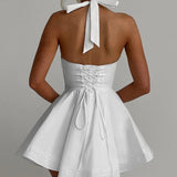 Pbong  Sexy Deep V Halter White Mini Dress Women Fashion Backless A-line Elegant Party Dresses Summer Robe Lace Up Vestidos