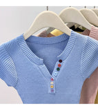 Summer V-Neck Short Sleeve Thin Tshirts Women Pastel Colored Button Knitted T-Shirts Teen-girl Stretch Fitted Tees Y2K Clothing