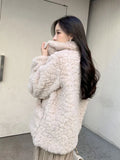 Faux Lamb Vintage Coat Women Long Sleeve Winter Warm Sweet Jacket Korean Casual Female Pockets Solid Slim Retro Outwear Top