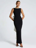 Elegant Pearl Bow Backless Sexy Maxi Dress Women Gown Fashion Sleeveless High Waist A-line Club Party Long Dress