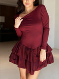 Pbong  Women's Long Sleeve Ruffled Hem Short Dress, Autumn Fashion, Slim Fit, Solid Color