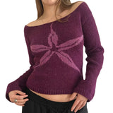 Women's Knit Tops Off Shoulder Slim Sweater Graphic Print Long Sleeve Knitwear Spring Fall Y2K Aesthetic Streetwear