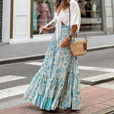 Pbong  Women's Summer Y2K Flowy Boho Vintage Aesthetic Printed Ruffled Hem Tassels Drawstring Waist Flowy A-Line Long Skirts