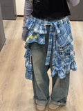 Pbong  Y2k Aesthetic Plaid Irregular Ruffled Skirts Vintage Women Streetwear Letter Print Faldas Harajuku Grunge Casual Bandage Skirt