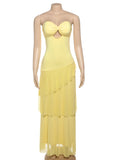 Fashion Sexy Backless Strapless Maxi Dress Women Ruched Elegant Mesh Patchwork Ruched Ruffles Vacation Street Outfits