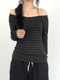 Off Shoulder Striped Crop T Shirts Women Vintage Harajuku Fashion Long Sleeve Tess Female Casual Japanese Y2k Style Top