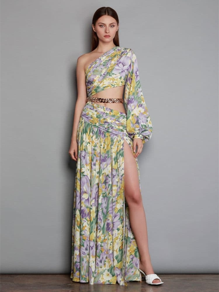 Sexy Slanted One Shoulder Slim Chain Floral Maxi Dress Summer Elegant Floral Irregular Cut Out Long Sleeve Dress Party Evening
