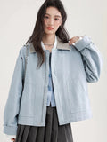 Blue Cargo Jacket Women Sweet Preppy Style Long Sleeve Retro Coat Casual Patchwork Turn Down Collar Korean Fall Outwear Top