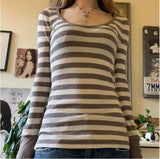 Pbong  Women's Fall Ribbed Tops Stripe Long Sleeve Scoop Neck Shirt Casual Slim Fit T-shirts