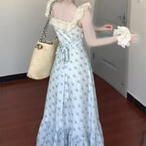 Pbong  Japan Kawaii Lolita Dress French Elegant Sweet Slim Long Dress Summer Harajuku Vintage Print Floral Y2k One Piece Dress Korean