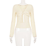 Pbong  Y2K Aesthetics V-Neck With Bow Decorated Long Sleeve T-shirts Women's Sweet Slimming Yellow Casual Top Tees Fashion Clothes New