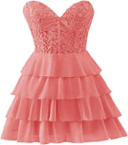 Pbong  Lace Tiered Chiffon Homecoming Dresses Strapless Corset Short Prom Dresses for Teens