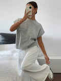 Pbong  Beaded Round Neck Knit Sweater Short Sleeve Cropped Loose Spring Women Elegant Casual Knit Top Fashion Trendy Ladies Jumper