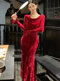 Women Autumn Vintage Velvet Long Sleeve Mermaid Prom Dress French Style Elegant Slim Bodycon Evening Party Clothes Vestidos New