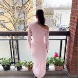 Autumn Long Sleeve Dress Women Pink Mesh Maxi Dress 2024 New Arrivals High Slit Bodycon Party Dresses Women