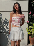 Patchwork 2-Piece Set Women Folds Love Print Single Shoulder Sleeve Tops+Solid Multilayer Mesh Skirts Slim Matching Suit
