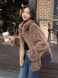 Faux Lamb Vintage Coat Women Long Sleeve Winter Warm Sweet Jacket Korean Casual Female Pockets Solid Slim Retro Outwear Top