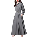 Gray High-quality Long-sleeved Shirt-collar Dress Women's Simple Office with Pockets Work Fashion Dress Autumn Clothes