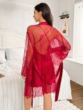 Hot-selling solid-color polyester nightgown lace see-through robe for women 2pcs set