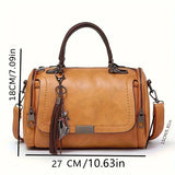 Pbong  Retro Faux Leather Tote Bag with Top Handle Detachable Crossbody Strap, Vintage Tassel Accent, Multi-Zipper for Daily Travel Use