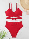 V Neck Cross String Two Piece High Waist Bikini Swimsuit Women Swimwear Female Bather Bathing Swimming Swim Suit Beachwear