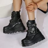 Pbong  Women's Gothic Chunky Platform Ankle Boots Thick Bottom Wedges PU Leather Combat Shoes Woman Rivet Buckle Decor Black Punk Boots