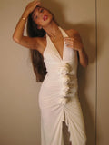 White Floral Ruched Sexy Maxi Dress For Women Gown Halter Deep V Neck Sleeveless Ruffled Bodycon Club Long Dress