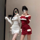 Pbong  Red Christmas Dress Women's Autumn Winter New Style Fleece Wrap around Short Skirt Birthday Gift Dress Warm Bodycon Dress