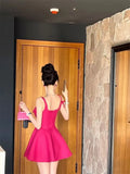 Pbong  Women's Sweet Hot Pink Mini Dress Sleeveless Square Neck A-Line Dress with Bow Decor Party bwear