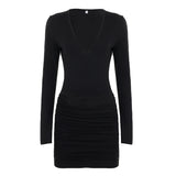 Pbong  Basic Solid Folds Bodycon Dress Sexy Slim Deep V-Neck Long Sleeve Mini Dresses For Women Autumn Spring Fashion Streetwear