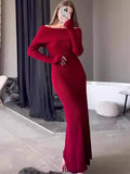 Fashion Knit Long Dress Off-Shoulder Female Ribbed Loose High Waist Elegant Autumn Party Dress Ladies Knitwear Maxi Dress