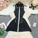 Pbong  Chic Fashion A-line Short Women Dress Elegant Turn-down Collar Aesthetic Summer Dress Lady Harajuku Black Party Vestido