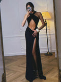 Sexy Irregular Hollow Cross Knot Maxi Dress Women Backless Skinny High Splits Midnight Prom Party Temperament Outfits