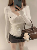 Casual V Neck White Pullovers Women Sweaters Autumn Winter Basic Long Sleeve Y2k Clothes Korean Pink Grey Ladies Tops Jumpers