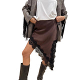 Pbong  New Autumn Solid Lace Patchwork Skirt Women Elegant Waist Cinched Mid-length Bottom Lady Party Daily Street Skirts
