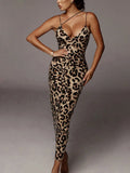 Pbong  Women's Leopard Print Bodycon Cami Dress with V Neck, Summer Sexy Fit