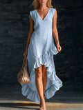 Pbong  Elegant Cotton Sleeveless Long Dresses For Women Summer Solid Color V-neck  Party Maxi Dress Casual